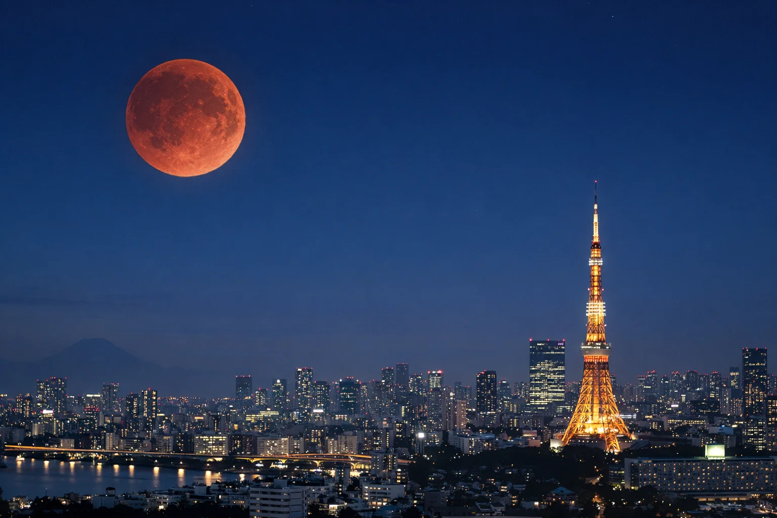 Photo de tokyo en pleine nuit avec la tokyo tower et la pleine lune de sang de mars 2026.