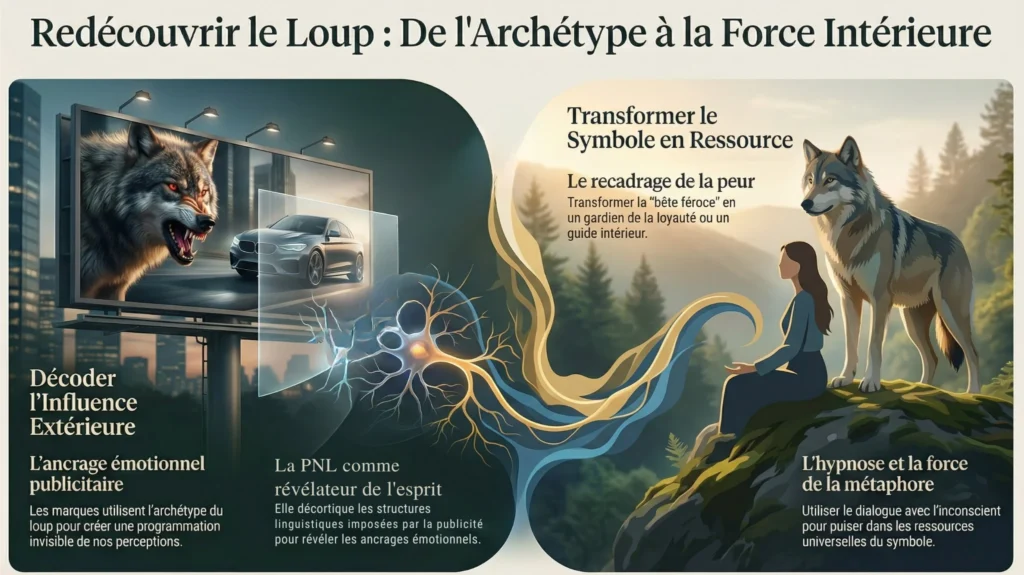 Transformation Partie gauche : Analyse et Décodage des images de publicité, partie droite Le loup archétypal transformé par la PNL et l'hypnose par un recadrage symbolique