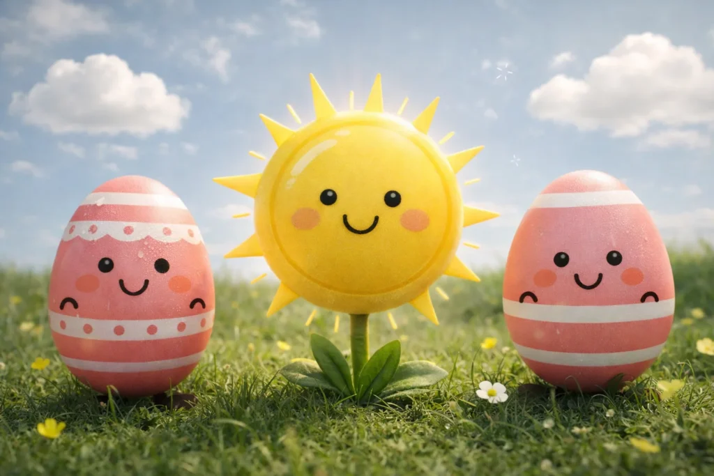 image enfantine de 2 oeufs de paques a coté d'une fleur en forme de solail souriant, pour rappeler que la lune d'avril conditionne la date de la magie de paques pour les enfants