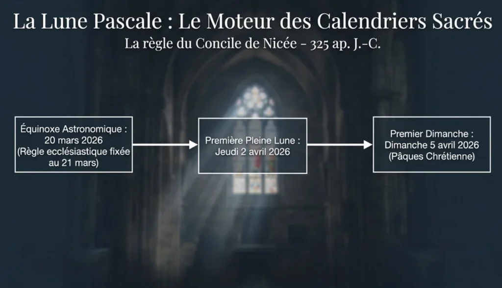 virtrail en fond et explication de la détermination de la date de paques sur base du concile de Nicée, et de la lunaison d'avril