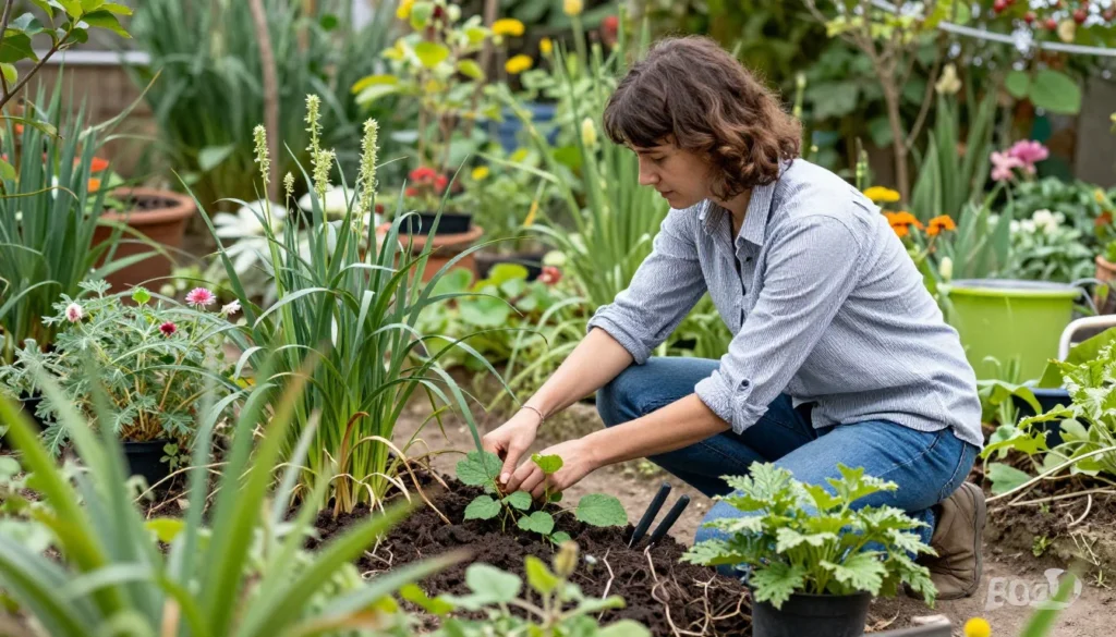 femme qui fait ses plantations dans son jardin au printemps.