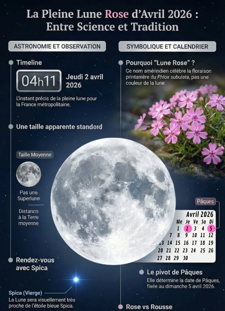 infographie resumant l'article, avec la date de la pleine lune avril 2026, précise que ce n'est pas une superlune, l'origine du nom de lune rose, l'influence sur la date de paques, la présence de l'étroile spica.