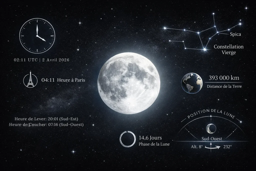 ephemeride et informations astronomiques sur la pleine lune avril 2026, dates distance terre lune