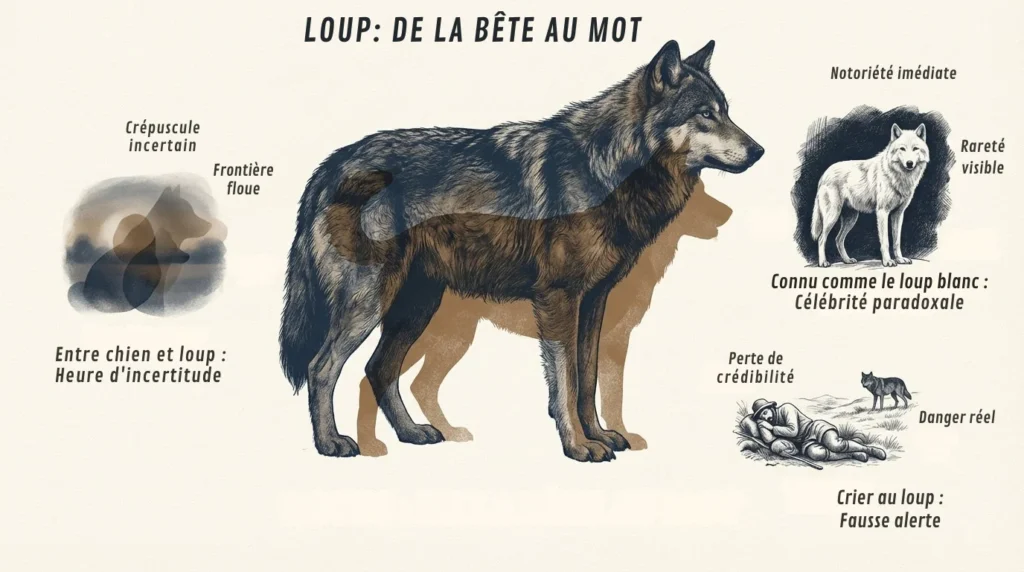 expression loup infographie de la bete au mot qui illustre 3 expressions entre chien et loup connu comme le loup banc et crier au loup