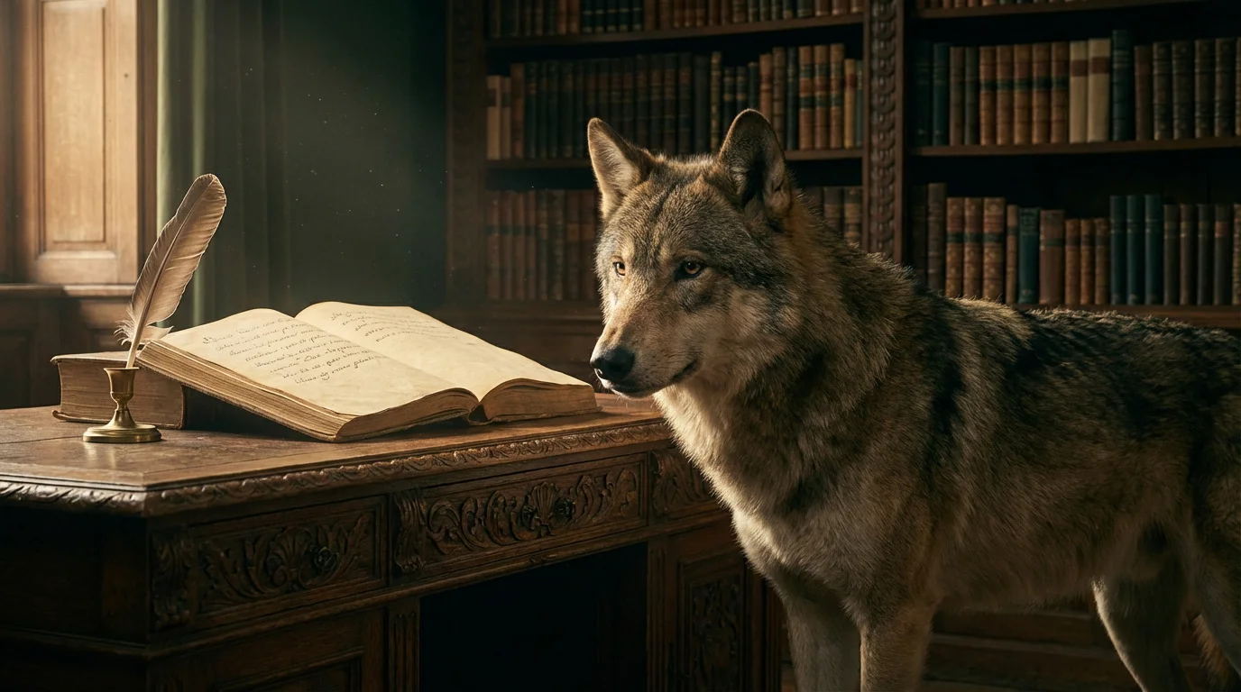 image expression loup qui représente un beau loup dans une bibliotheque avec un livre ancien et un ancrier.