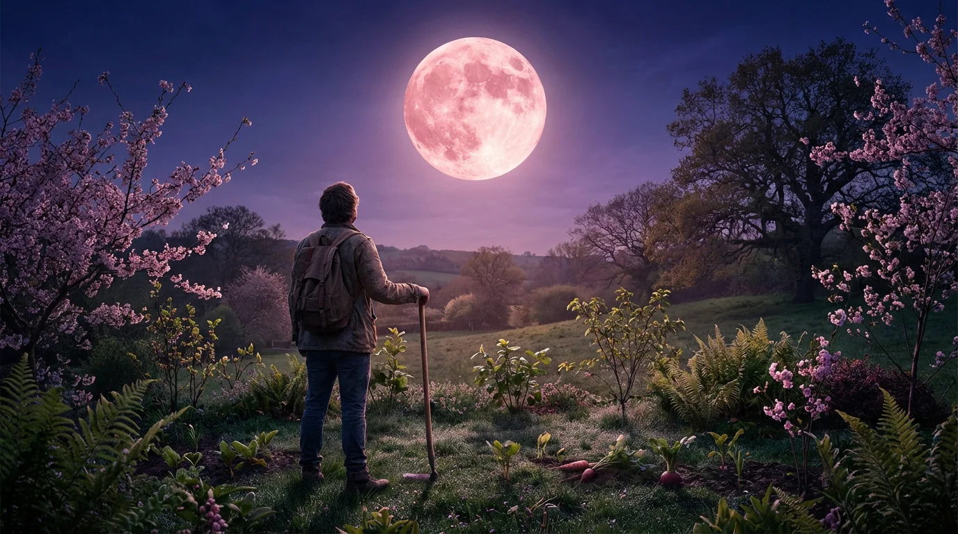 un home en contemplation de la pleine lune avril 2026 avec autour de lui des arbres en floraison de couleur rose qui rappellent le nom donné de lune rose.