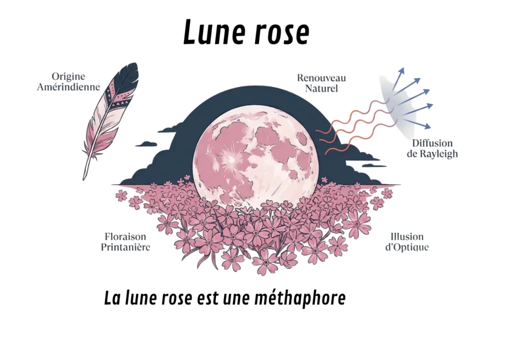 pleine lune rose sur un champ de Phlox subulata pour expliquer l'origine Amérindienne du nom lune rose, et explique que la méthaphore n'a rien a voir avec la couleur que peut prendre la lune par effet d'optique lorsque proche de l'horizon.