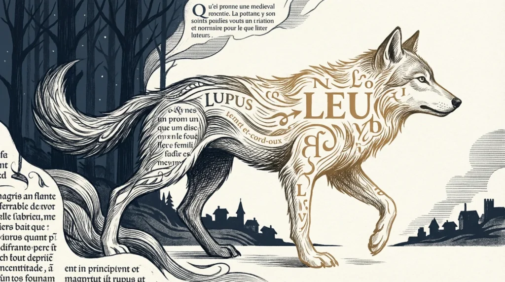 expression loup: image du loup de lupus a leu avec des textes en vieux francais