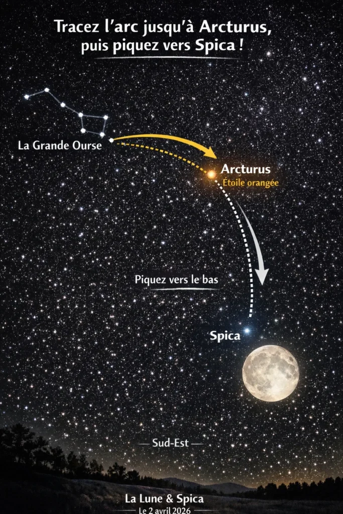 descriptif qui donne la méthode pour trouver l'étoile spica lors de la pleine lune Avril 2026.