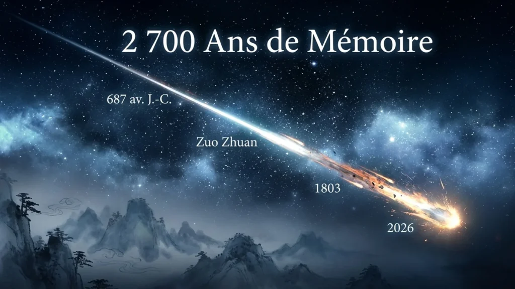 etoile filante avec ligne de temps entre -687 et 2026 montrant le lien historique des lyrides.