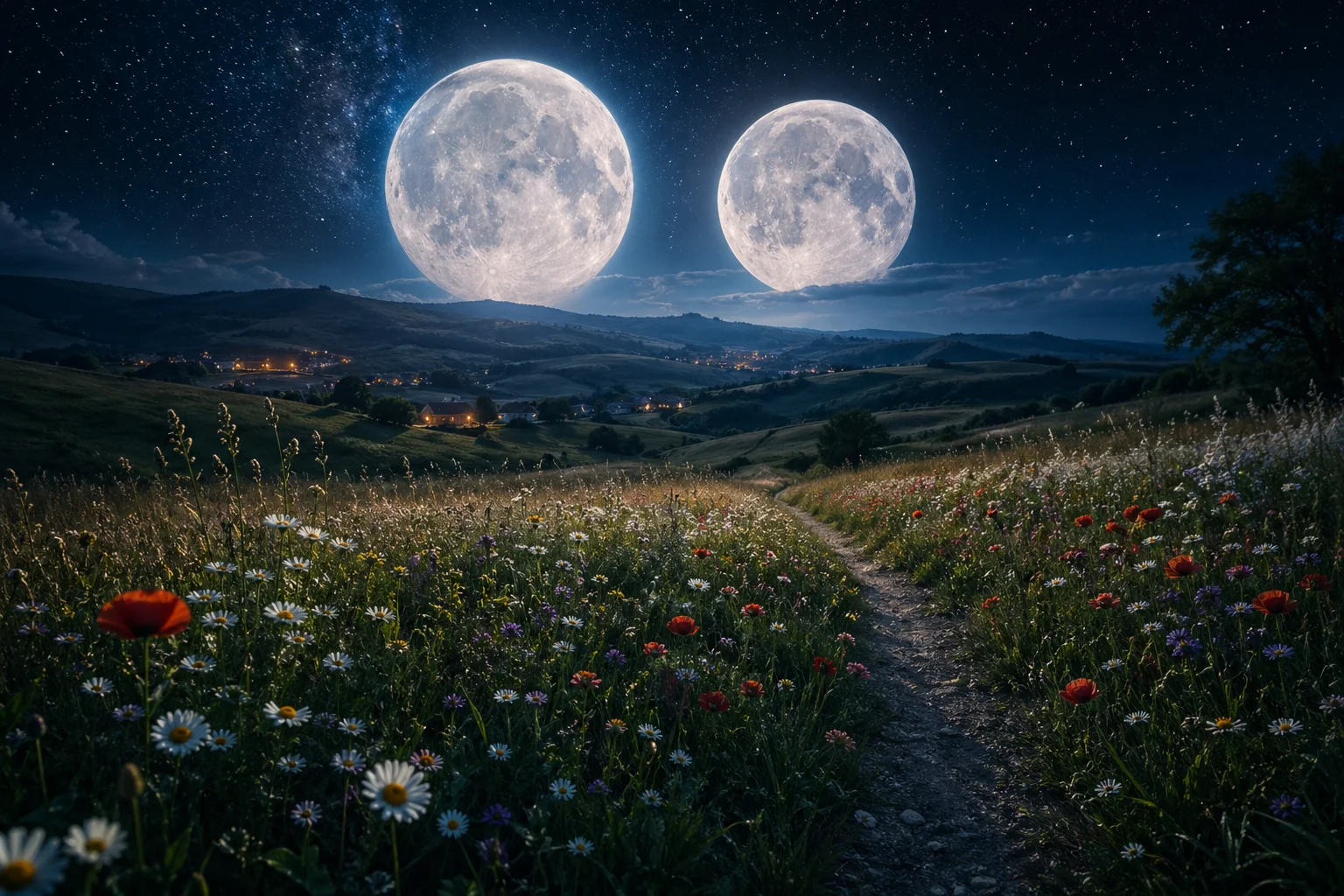 un champ de fleur et une colline surplombée par 2 lunes pour illustrer la Pleine lune des fleurs 2026 et la lune bleue qui seront toutes les 2 présentes dans le meme mois.