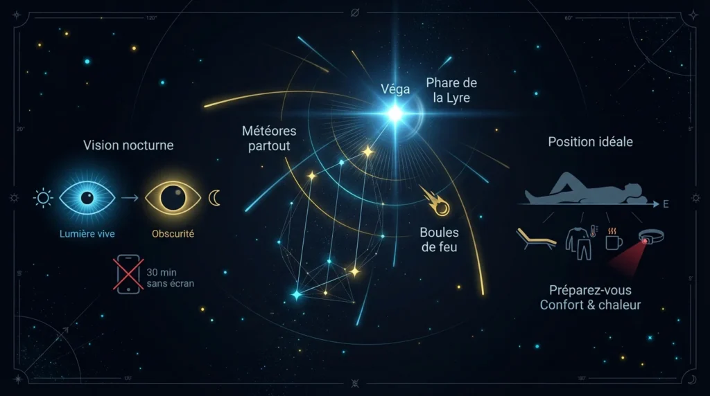 infographie pour lyrides 2026: vega, phare de la lyre, position d'observation