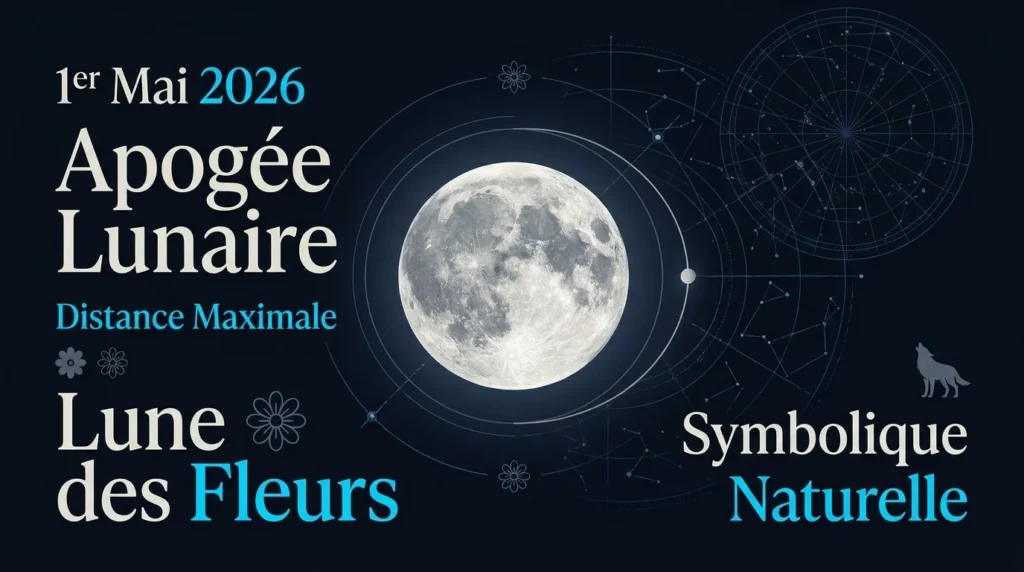infographie qui illustre la lune du 1er mai, qui est la Pleine lune des fleurs 2026.