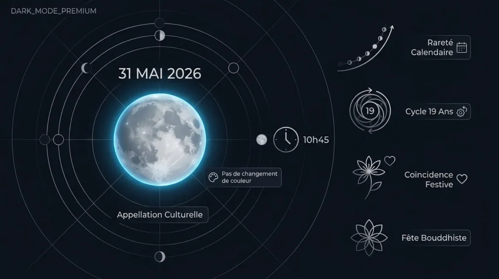 infographie qui illustre la lune du 31 mai, avec les heures, la coincidence avec des fêtes et son cycle de 19 ans