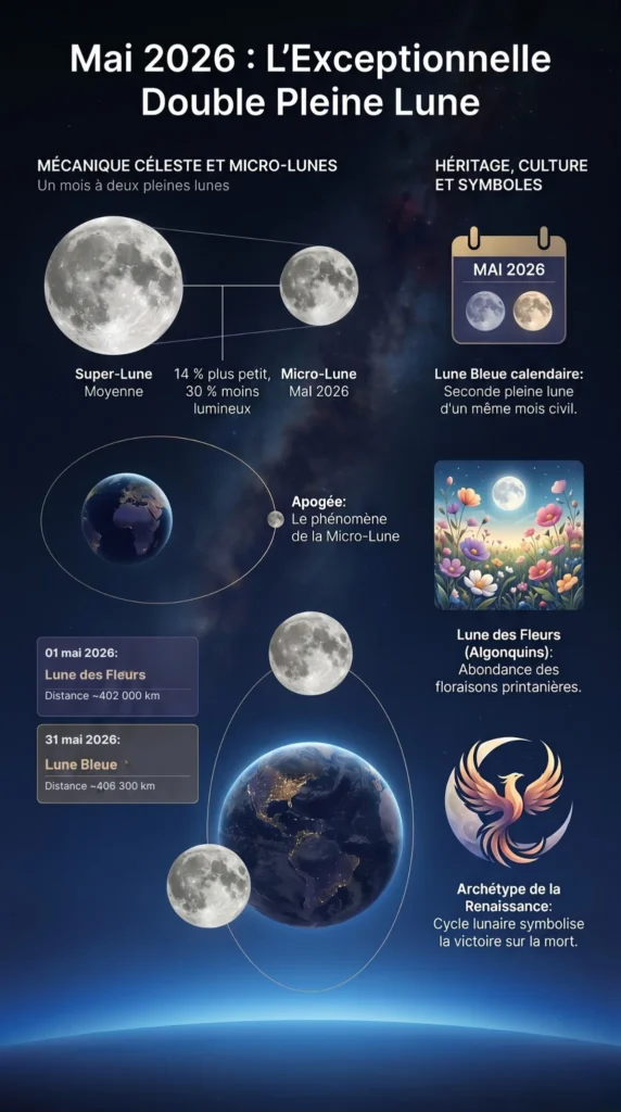 infographie synthèse pour les 2 pleines lunes de mai, dates, distance terre lune, noms, symbolique, et origine des noms