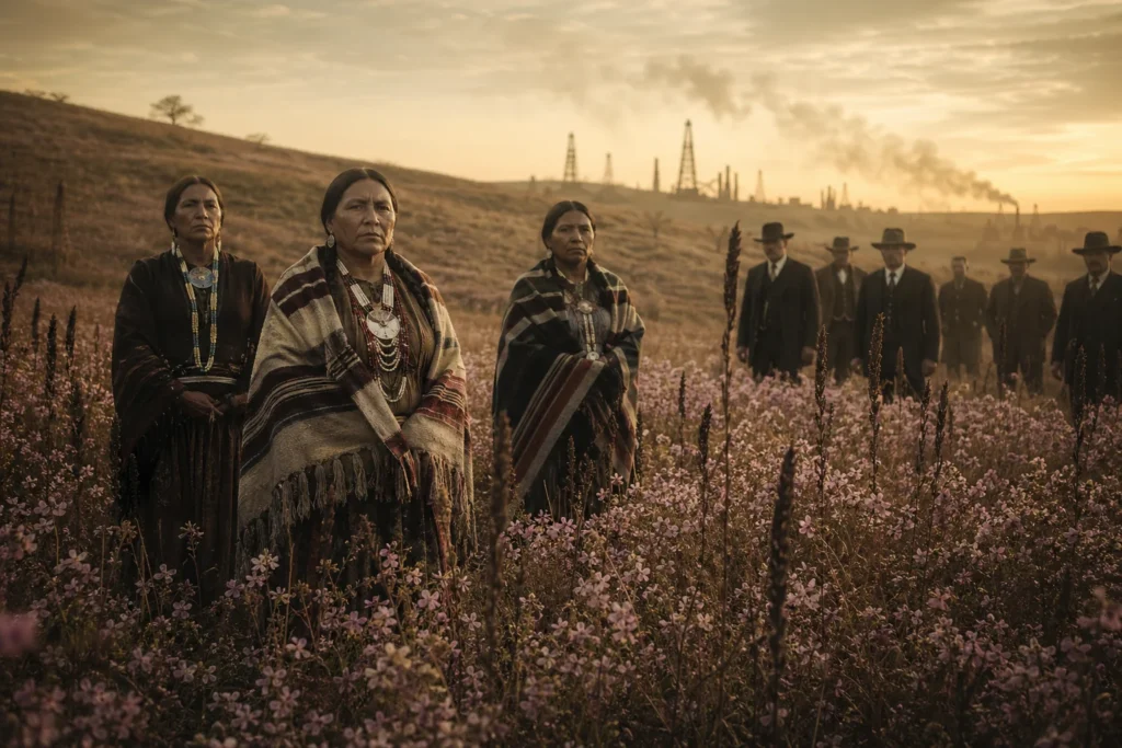 illustration de la nation Osage et des producteurs de prétrole pour illustrer l'oppression présente dans le film Killers of the Flower Moon