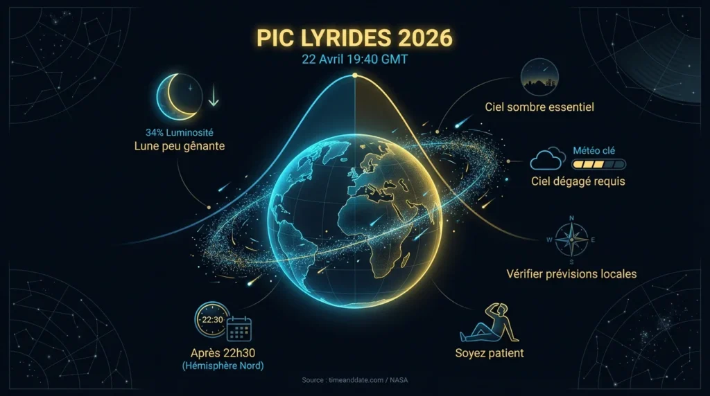infographie donnant les infos pour observer les lyrides 2026, date heure, luminosité de 34%, ciel dégagé