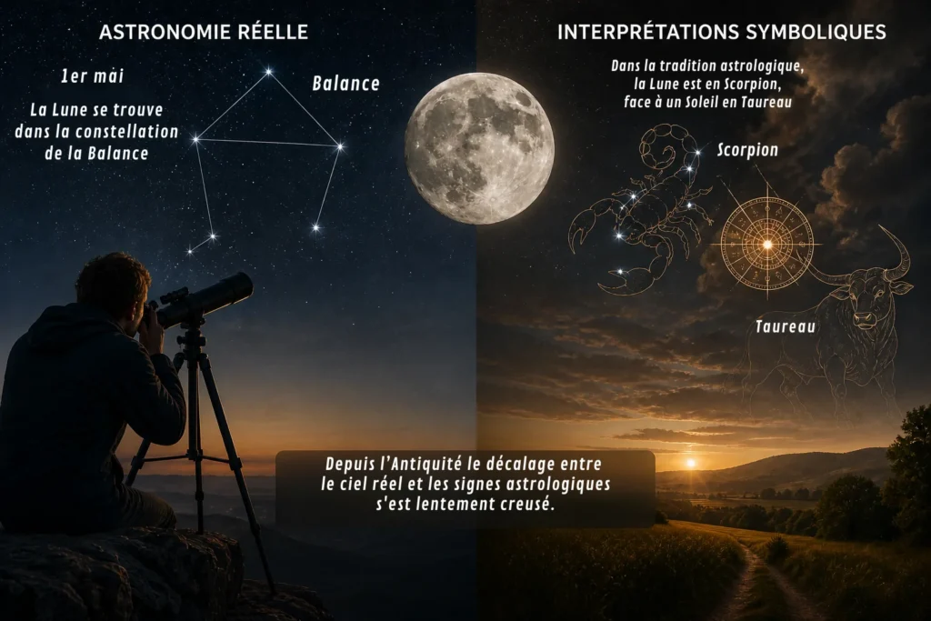 infographie expliquant la difference pour la pleine lune du 1er mai 2026 entre la position astronomique dans la costellation de la balance et en astrologie dans celle du scorpion, avec une explication sur les causes.