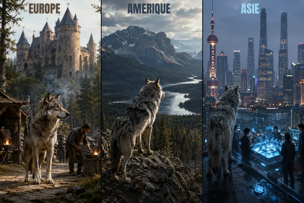 Le loup dans le marketing illustré à travers trois époques : château médiéval, nature sauvage et métropole moderne.