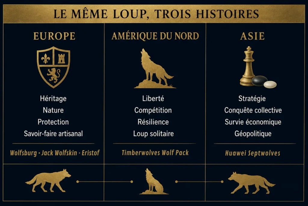 3 Continents europe, asie, amérique et 3 symboliques différente du loup