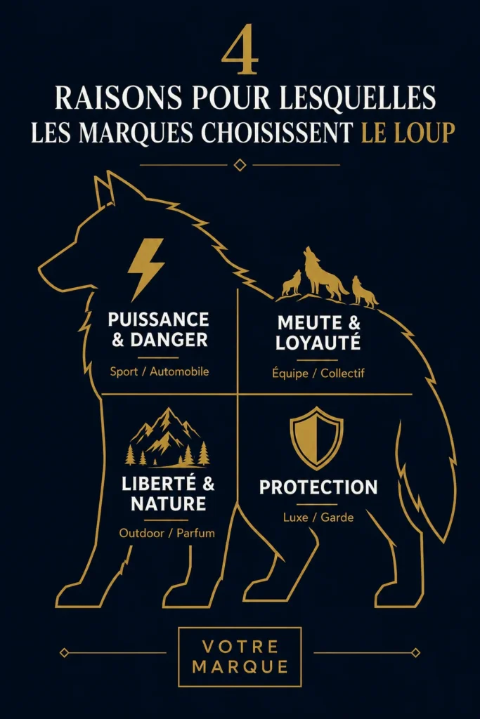 Le loup dans le marketing expliqué par une infographie présentant quatre valeurs associées aux marques.