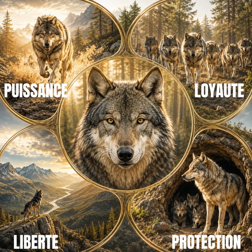 Le loup dans le marketing illustré par un montage montrant puissance, loyauté, liberté et protection.