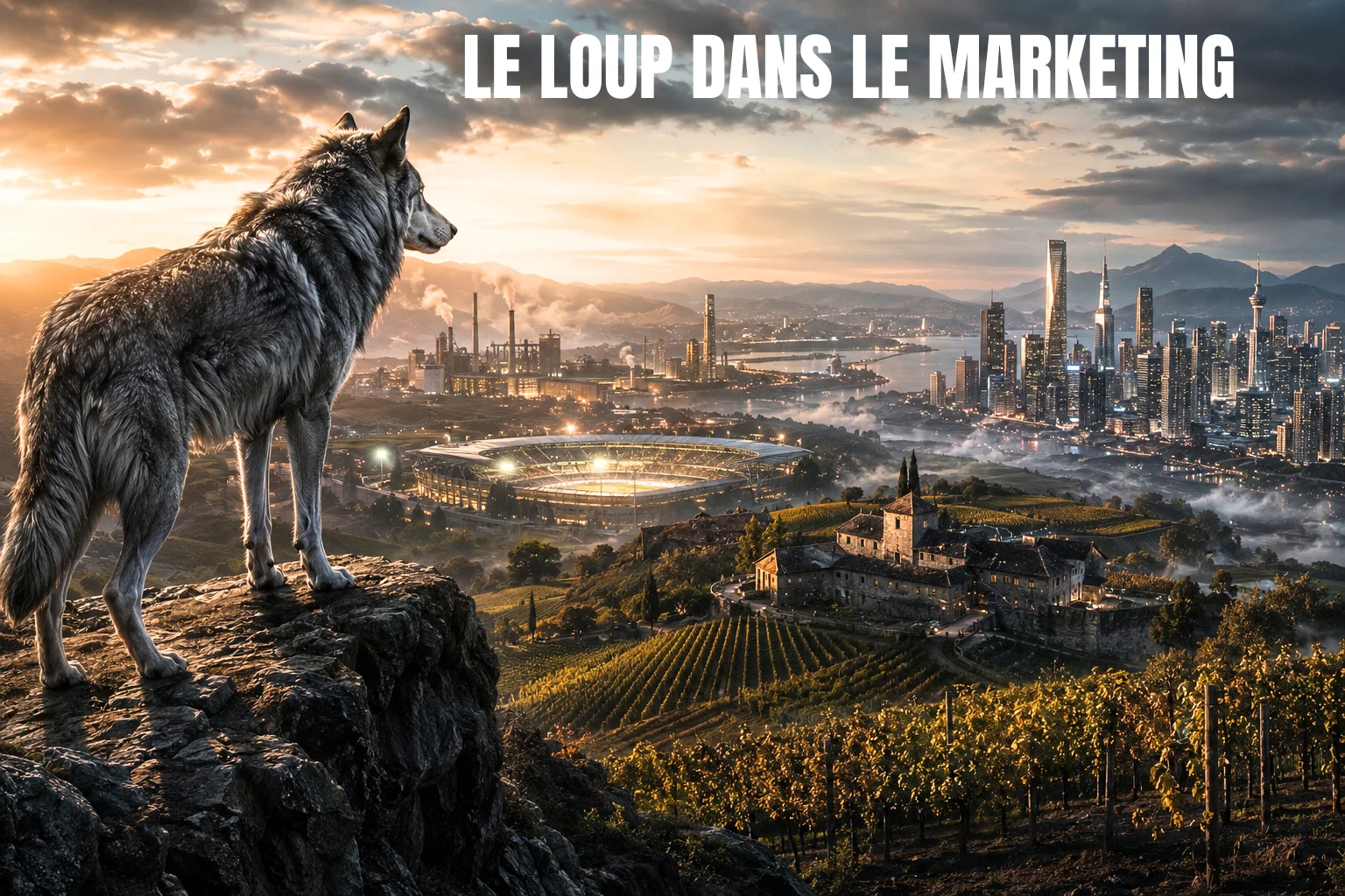 Le loup dans le marketing évoqué par un loup sur un promontoire face à une ville et un stade.