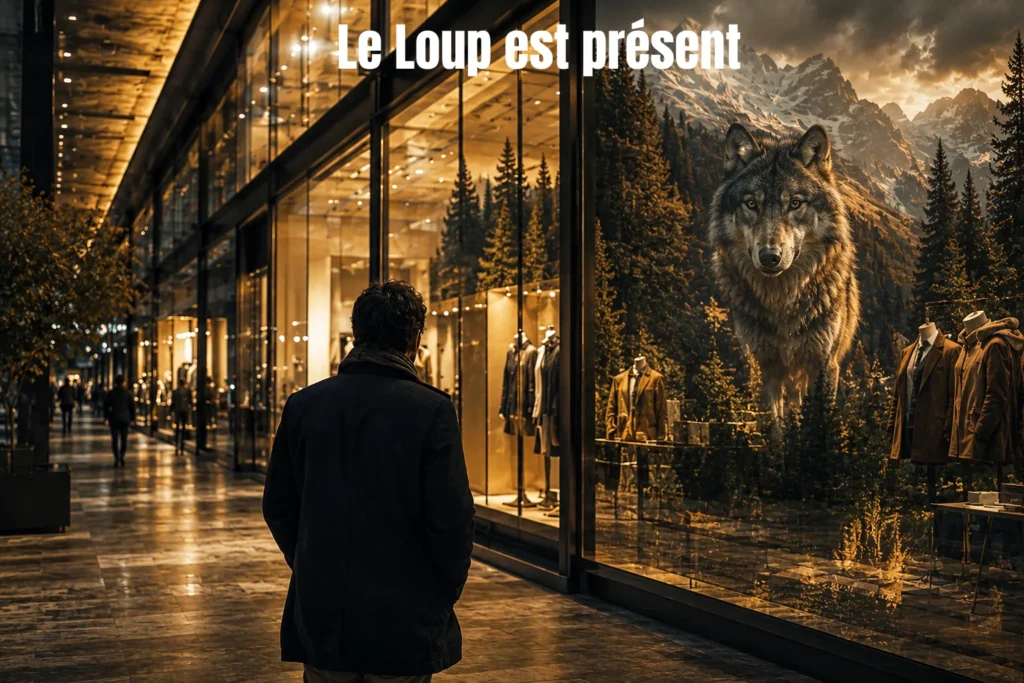 Le loup dans le marketing représenté par un loup majestueux intégré à la vitrine d'une boutique de mode.