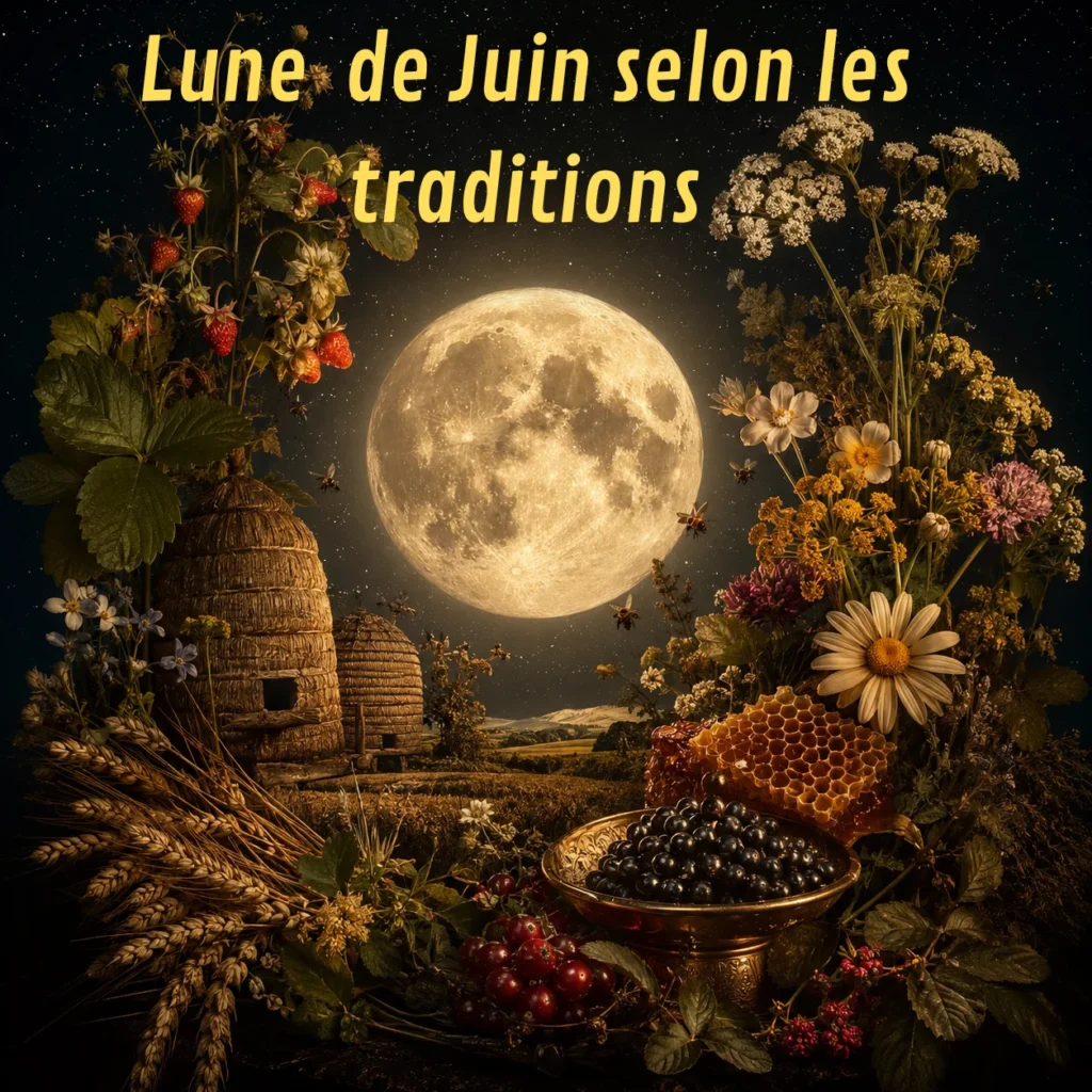 Lune de juin 2026: pleine lune au centre et les différentes symboliques représentées autour pour iloustrer les noms de cette pleine lune selon les traditions, miel , fraise, fleurs