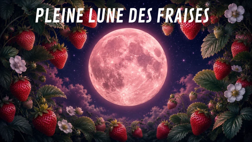 Image montrant la pleine lune des fraises sous la forme d'une plaine lune légèrement rose et entourée de fraises pour montrer la symbolique du nom