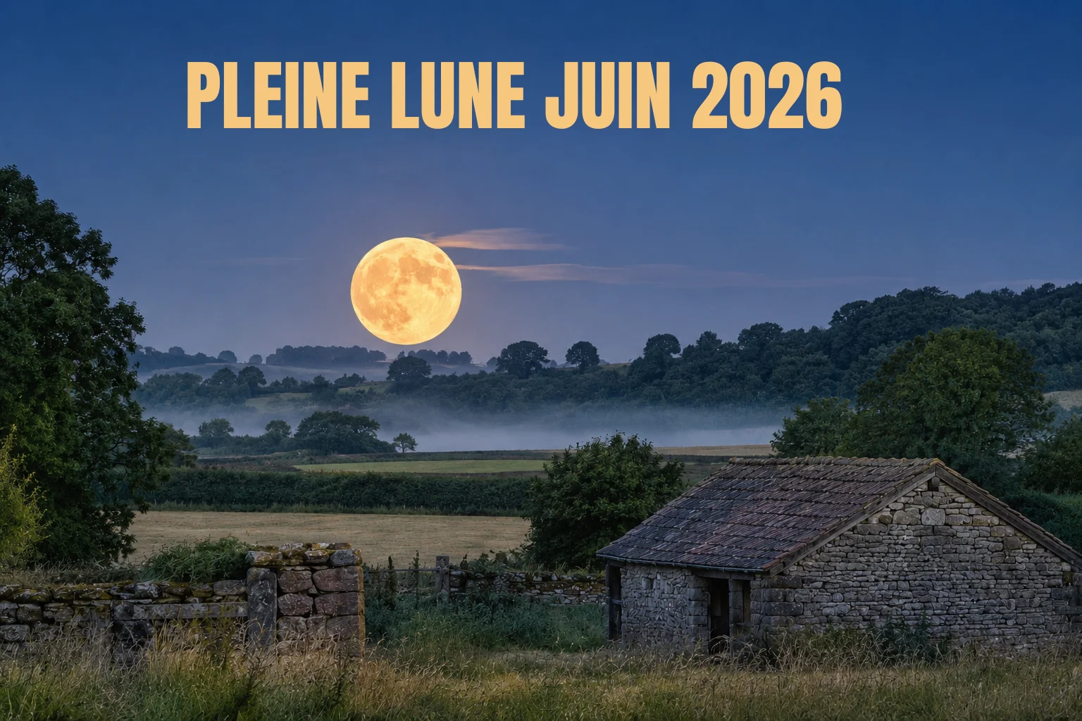 Pleine lune des fraises proche de l'horizon illuminant un paysage de campagne avec des burons