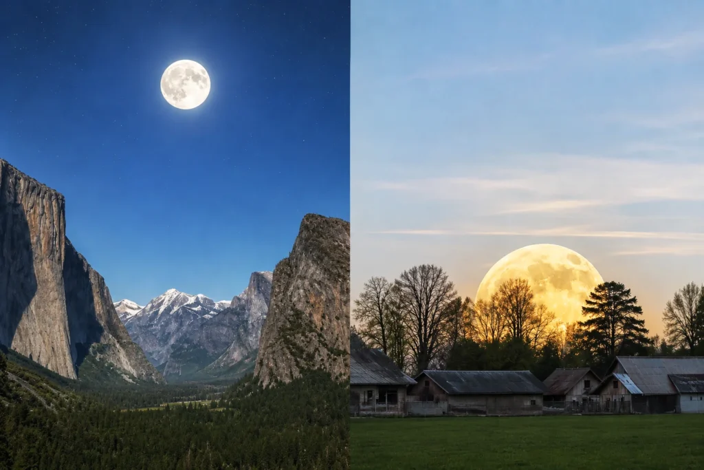Pleine lune des fraises: ecran séparé en 2 parties montrant à gauche une pleine lune dans le ciel et à droite une pleine lune plus grosse proche de l'horizon pour montrer l'effet d'optique de la taille de lune fonction de sa position