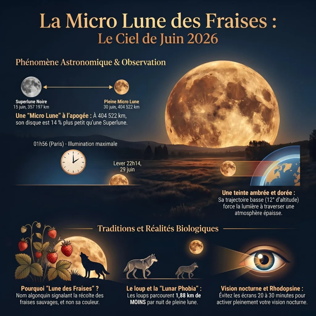 infographie résume les informations de la lune des fraises de juin 2026, informations astronomiques, symbolique, ethologique