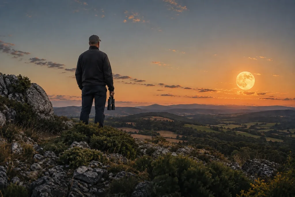 homme pret à observer la pleine lune des fraises avec ses jumelles en haut d'une colline