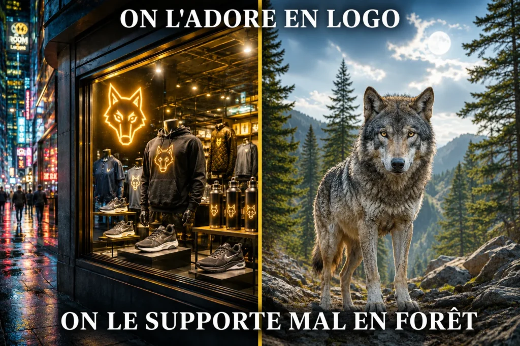 Le loup dans le marketing oppose l'image du loup en branding à sa présence réelle en forêt.