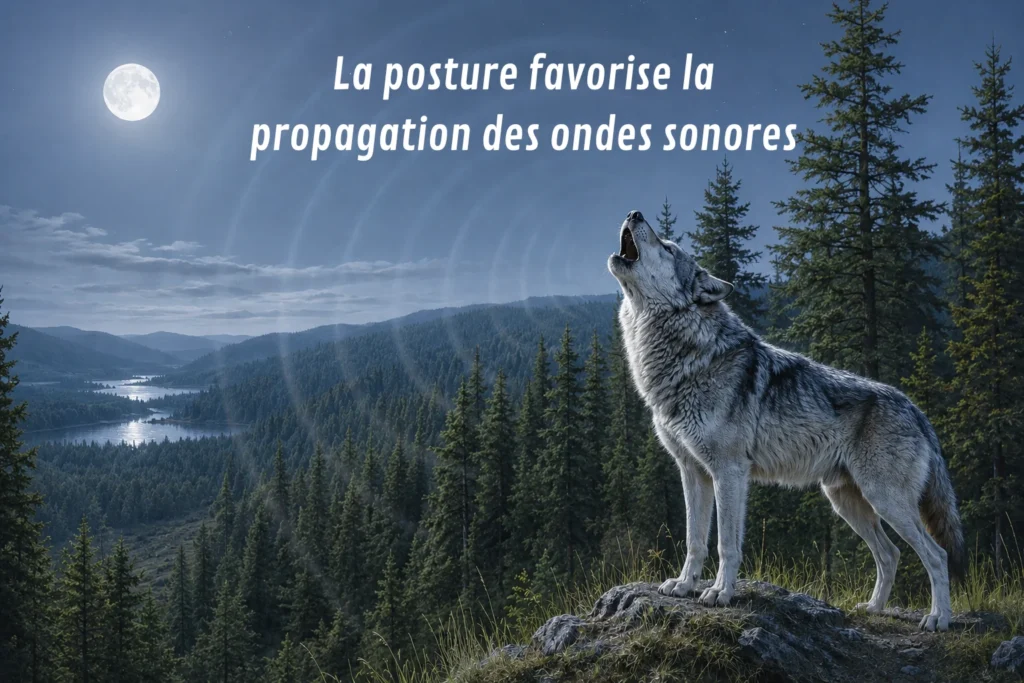 loup hurlant à la pleine lune et la forme des ondes sonnores qui se progagent autour de lui montrnt que sa posture a pour but d'améliorer la propagation d'ondes sonores.