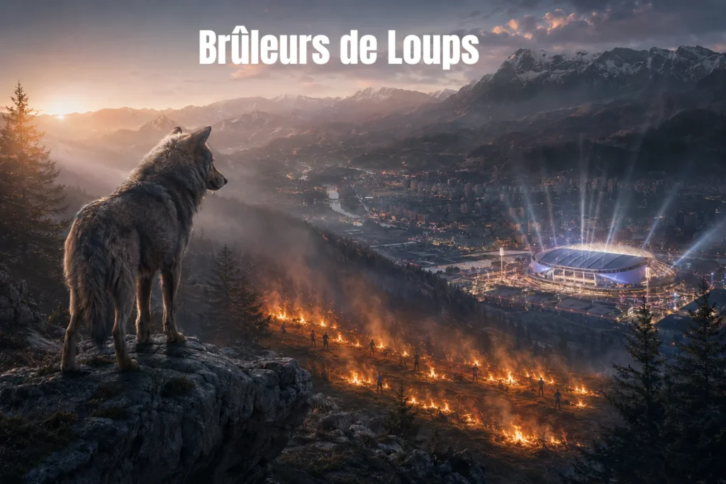 Montagne avec un loup observant une patinoire éclairée, des feux de broussaille : évocation de l’histoire de ce club.