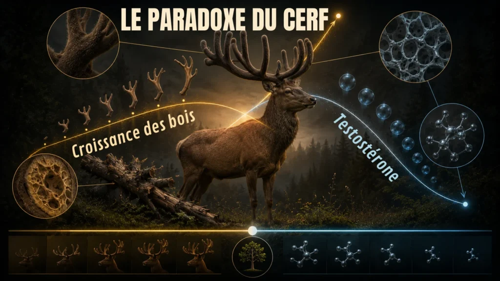 Infographie sur la pleine lune du cerf illustrant la croissance des bois et le rôle de la testostérone.
