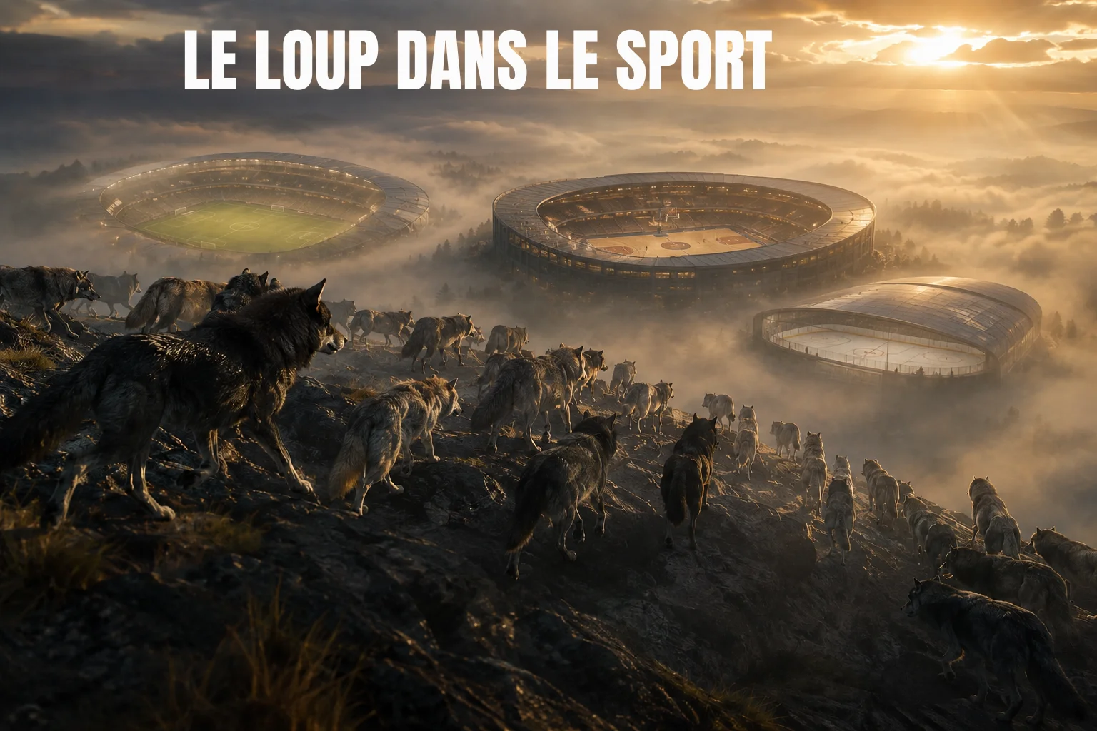 Meute de loups descendant vers des stades au lever du soleil, illustration du loup dans le sport en 2026