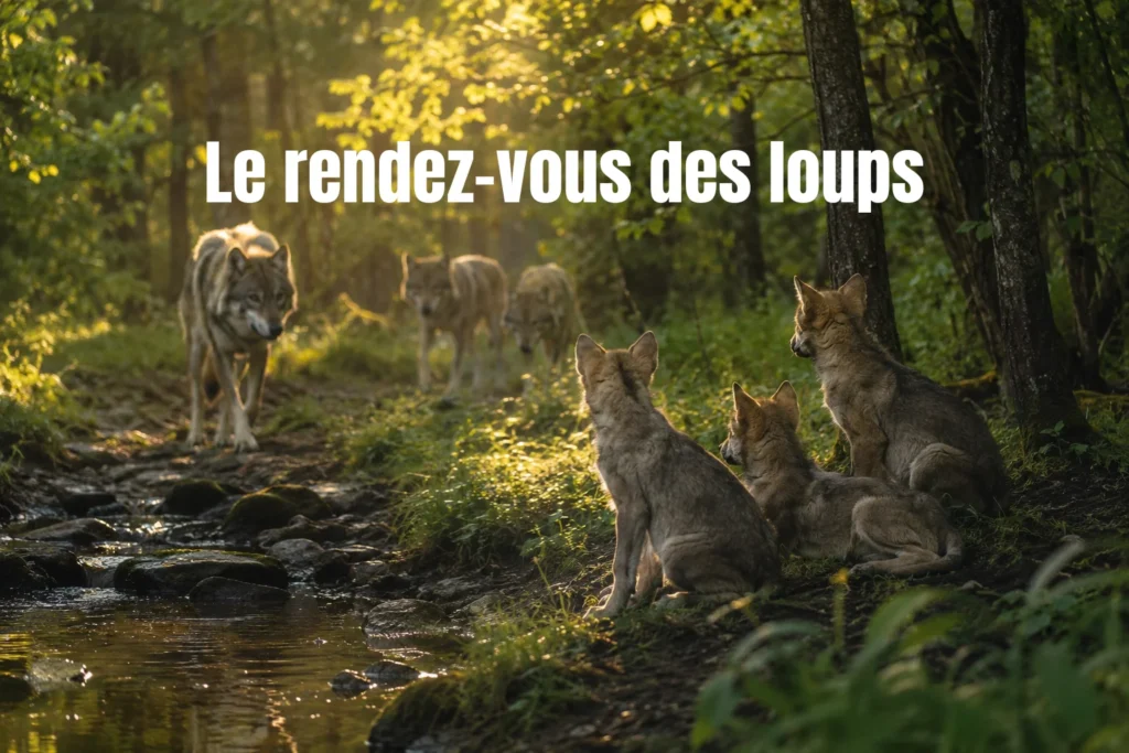 Scène de forêt montrant une meute de loups au rendez-vous estival lié à la pleine lune du cerf.