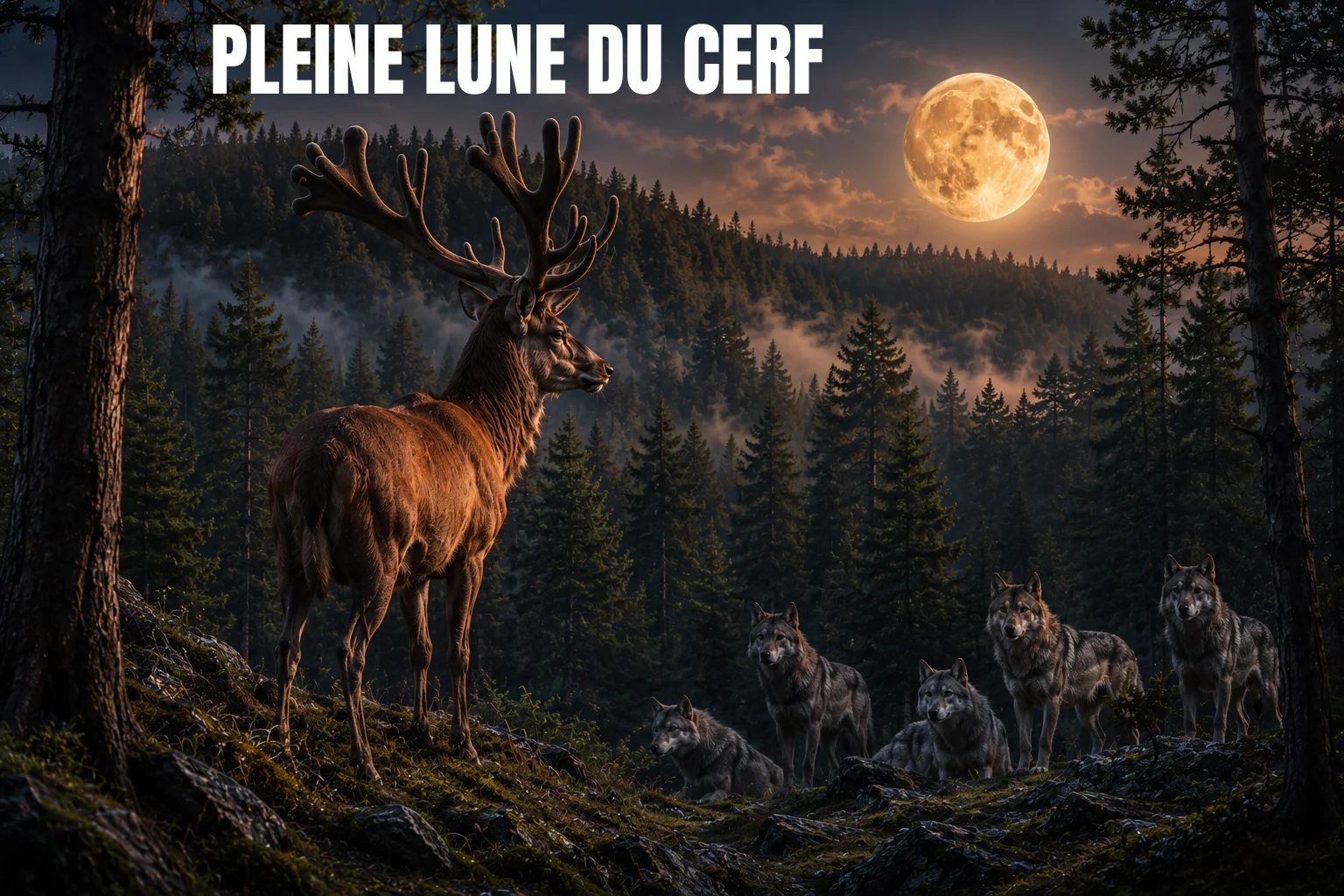 Pleine lune du cerf éclairant un grand cerf face à une meute de loups dans une forêt au crépuscule.