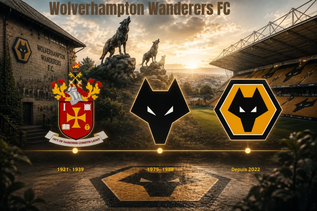 Anciens et nouveaux logos de Wolverhampton Wanderers avec un stade, symbole du loup dans le sport en 2026.