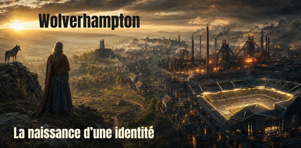 Fresque : Loup observant un Wolverhampton médiéval, puis industriel avec son stade, évoquant les origines du loup dans le l’histoire du club