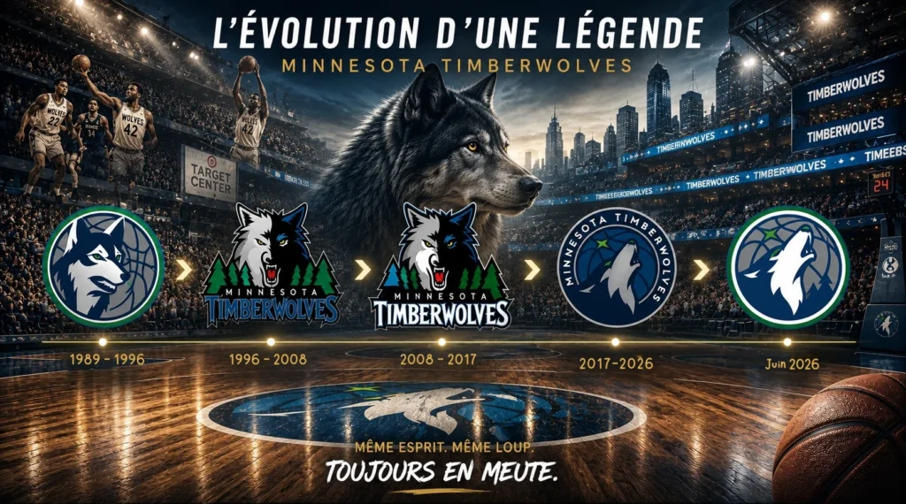 Évolution des emblèmes des Minnesota Timberwolves sur un parquet NBA, référence au loup dans le sport en 2026