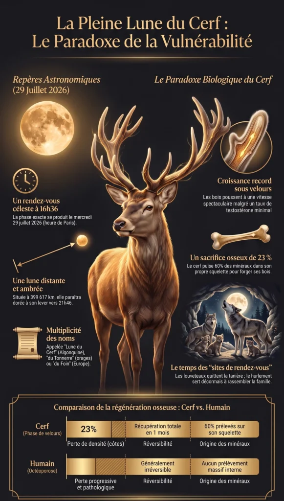 Cerf illustré dans une infographie sur la pleine lune du cerf, entre astronomie et biologie des cervidés.
