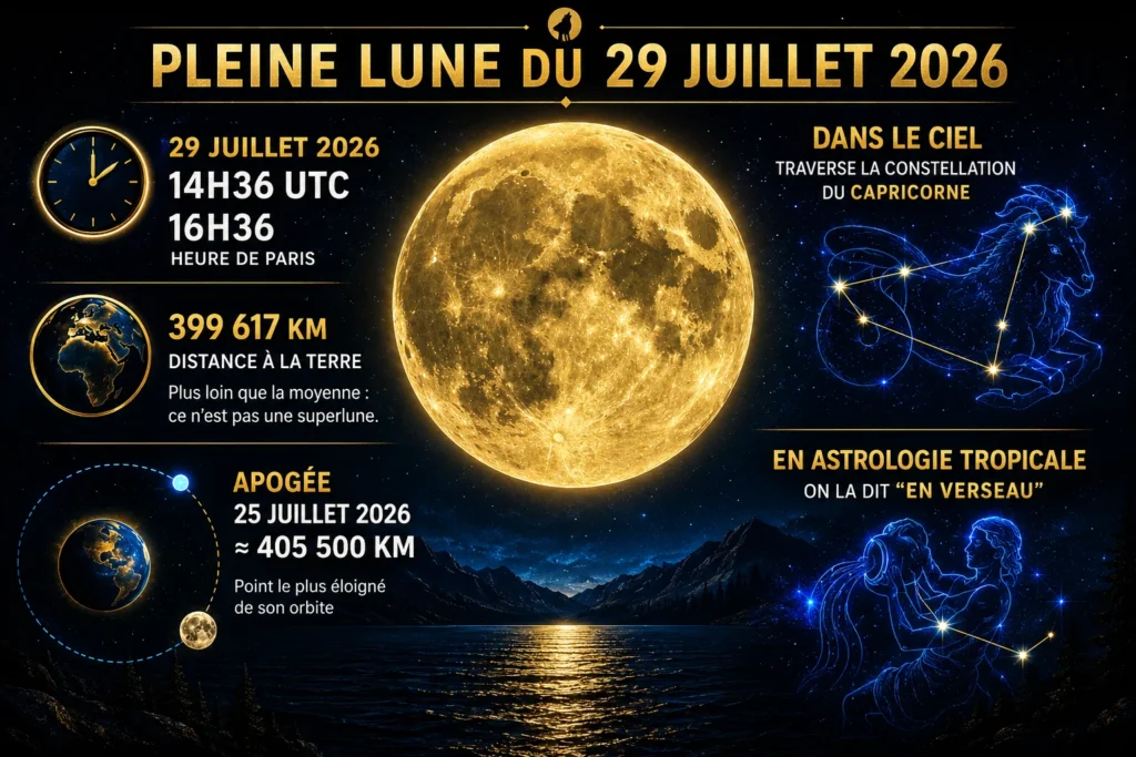 Pleine lune du cerf juillet 2026 illustrant les repères astronomiques et le passage dans le Capricorne et astrologique en verseau
