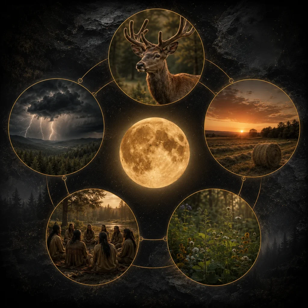Composition autour des noms de la pleine lune de juillet illustrant la nature, les tribues indiennes, les récoltes, les orages et le cerf.