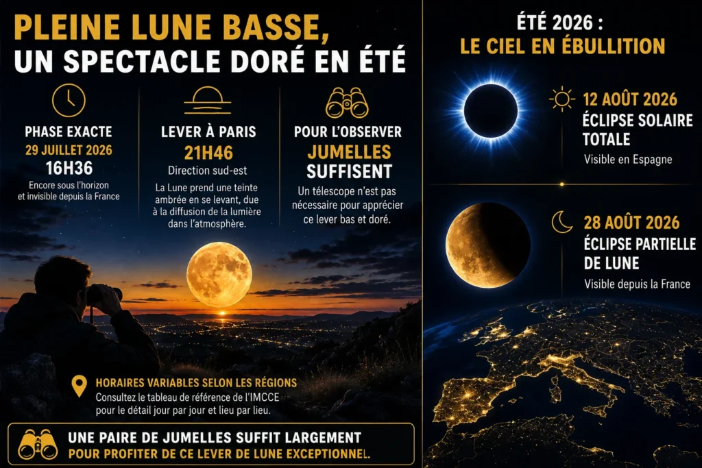 Lever de la pleine lune du cerf illustré avec conseils d'observation, horaires et événements astronomiques de 2026.
