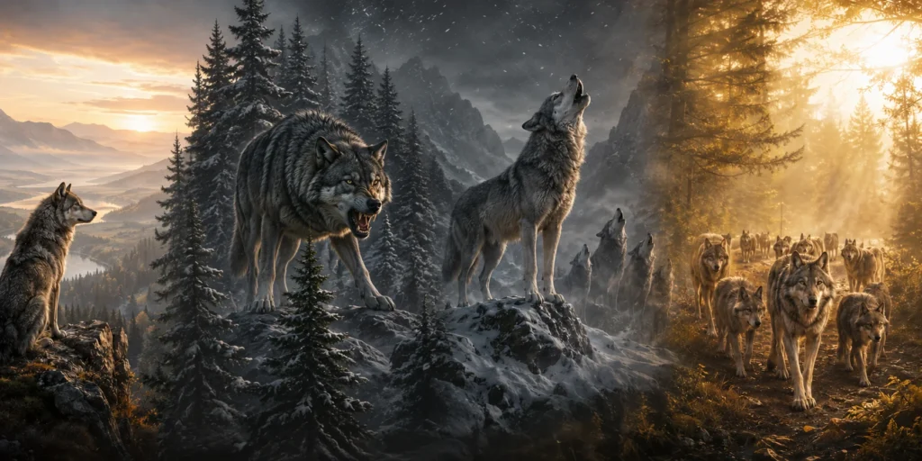 4 etapes de l'evolution du symbole de loup dans le logo timberwolves: calme, agressif,hurlant, en meute.