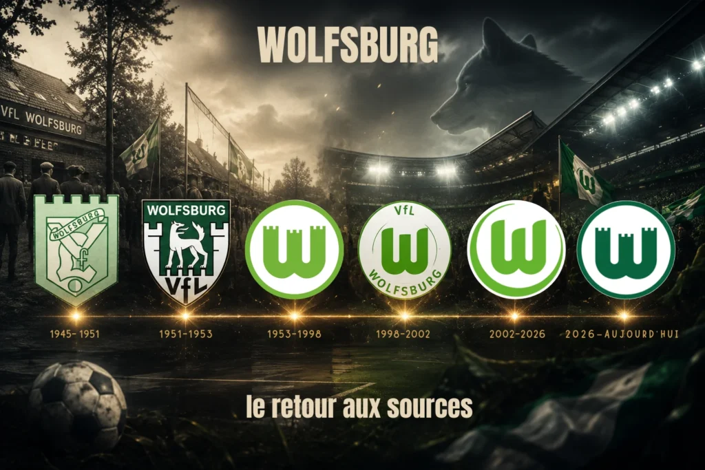 Évolution des logos du VfL Wolfsburg, club emblématique du loup dans le sport depuis 1945 à 2026